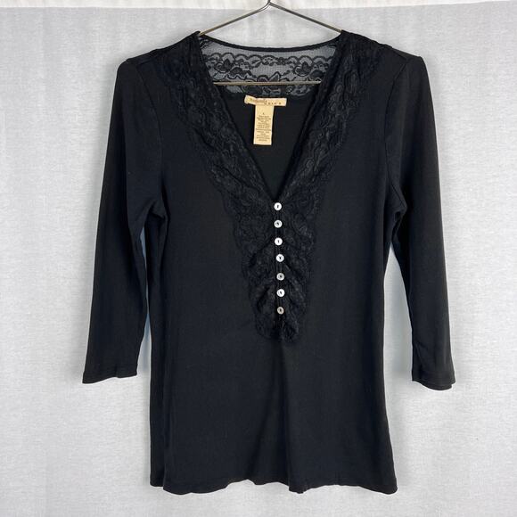 Naturelle by RXB Top Y2K Lace Trim Henley Shirt Black Whimsigoth Vamp Witchy - Picture 1 of 4